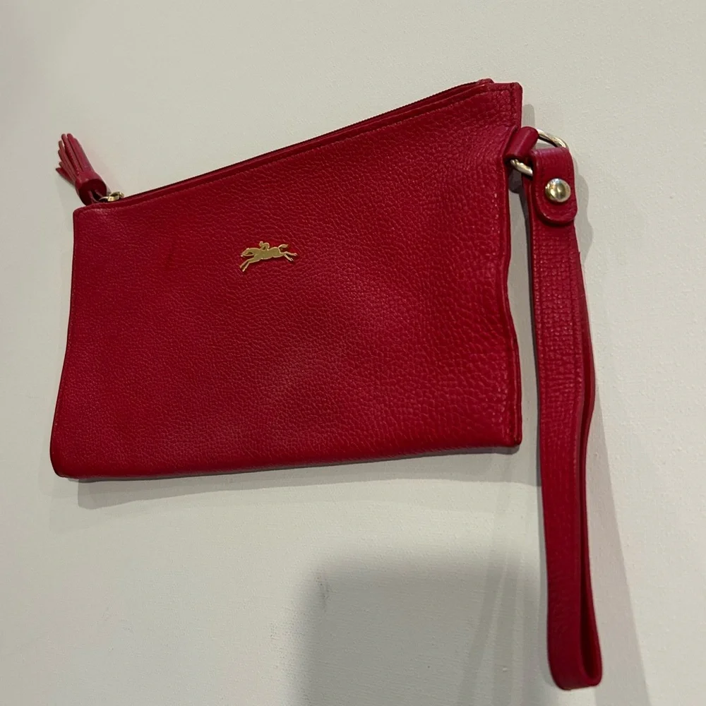 Longchamp Red Pebbled Leather Zip Wristlet Clutch Gold Logo - Picture 4 of 7